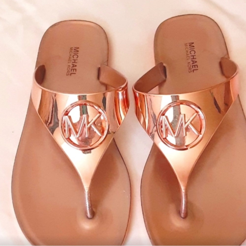Michael Kors Rose Gold Copper Metallic Waterproof Thong Flip-Flop Sandals Slides